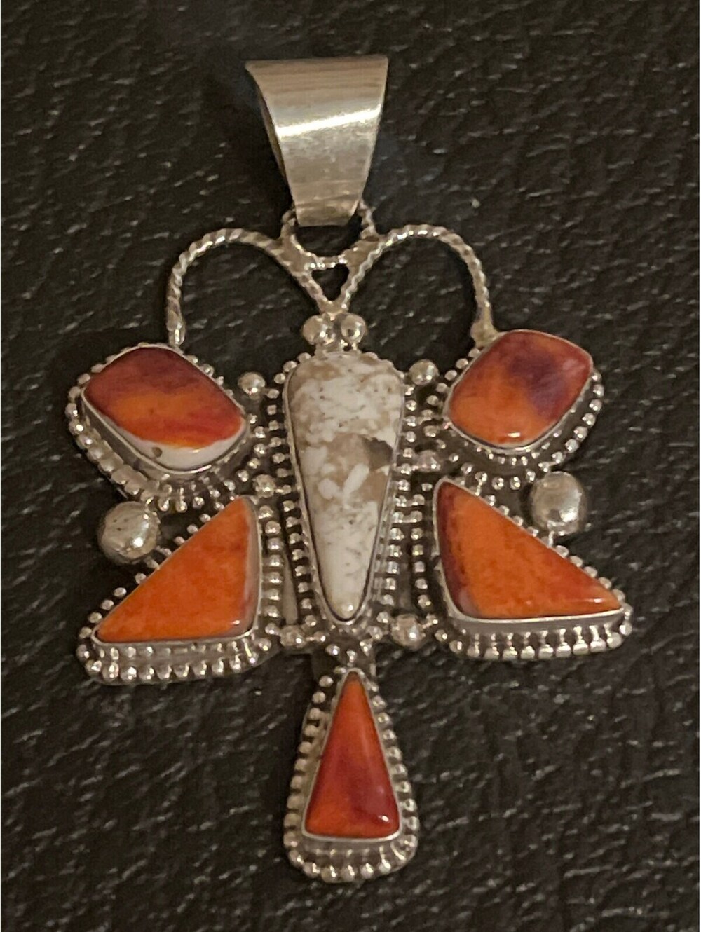 Navajo sterling silver white buffalo spiny oyster butterfly pendant